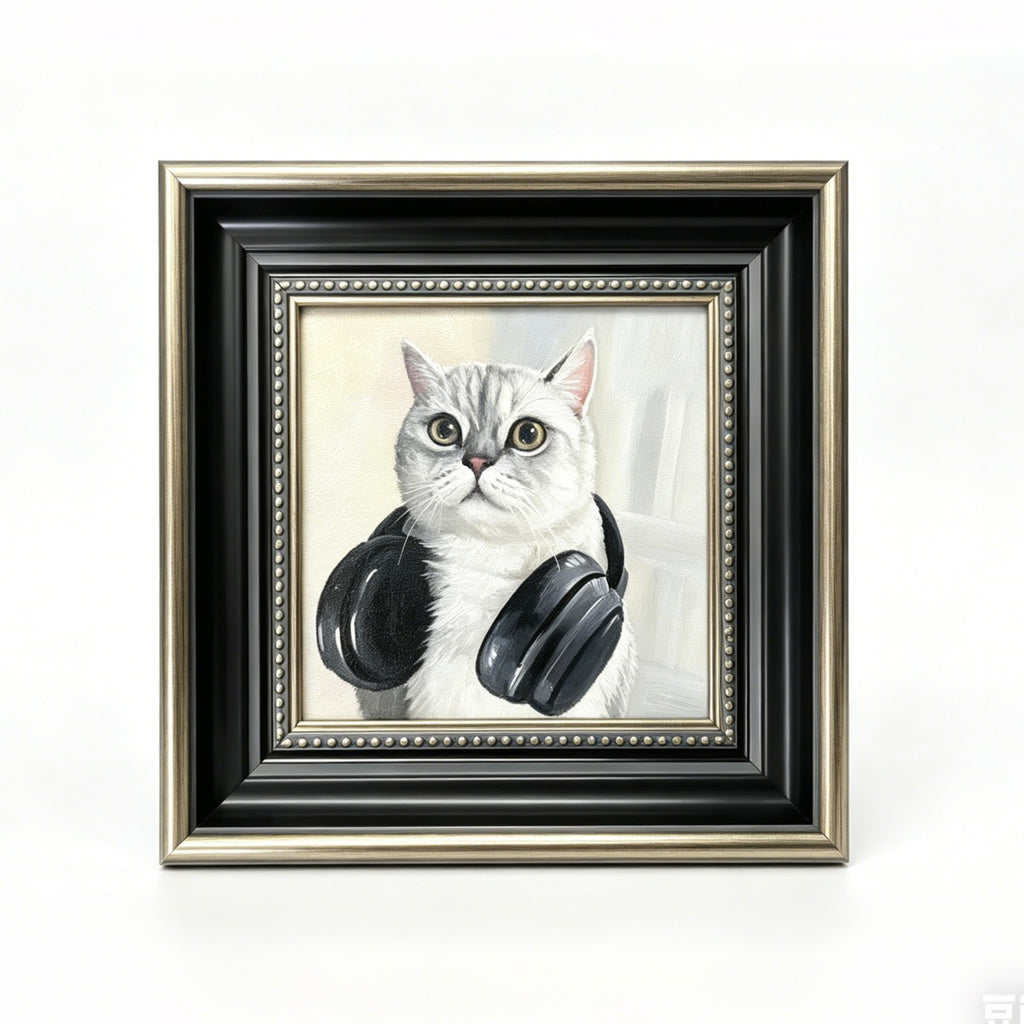 Framed artwork of a cat wearing headphones on a white background