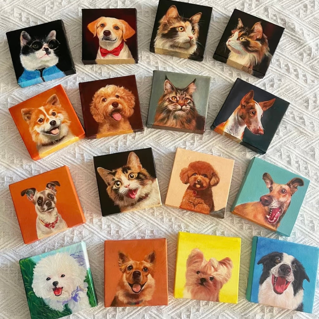 Collection of small square tiles with various pet portraits on a textured surface.