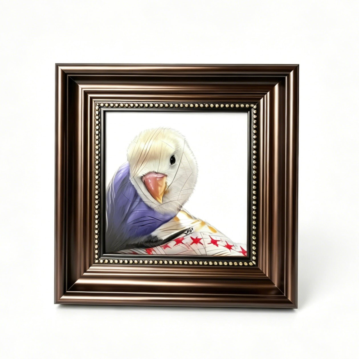 Framed artwork of a stylized character with a brown frame on a white background