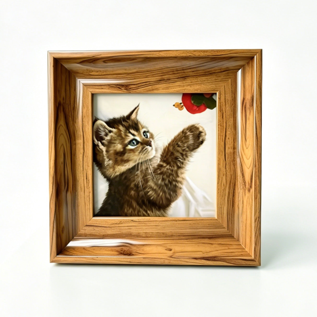 Wooden framed picture of a kitten reaching for a red apple on a white background