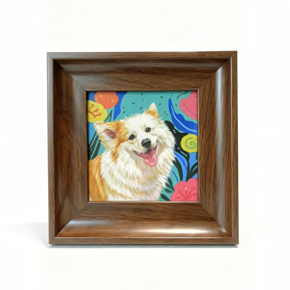 Framed artwork of a dog with a colorful background on a white background