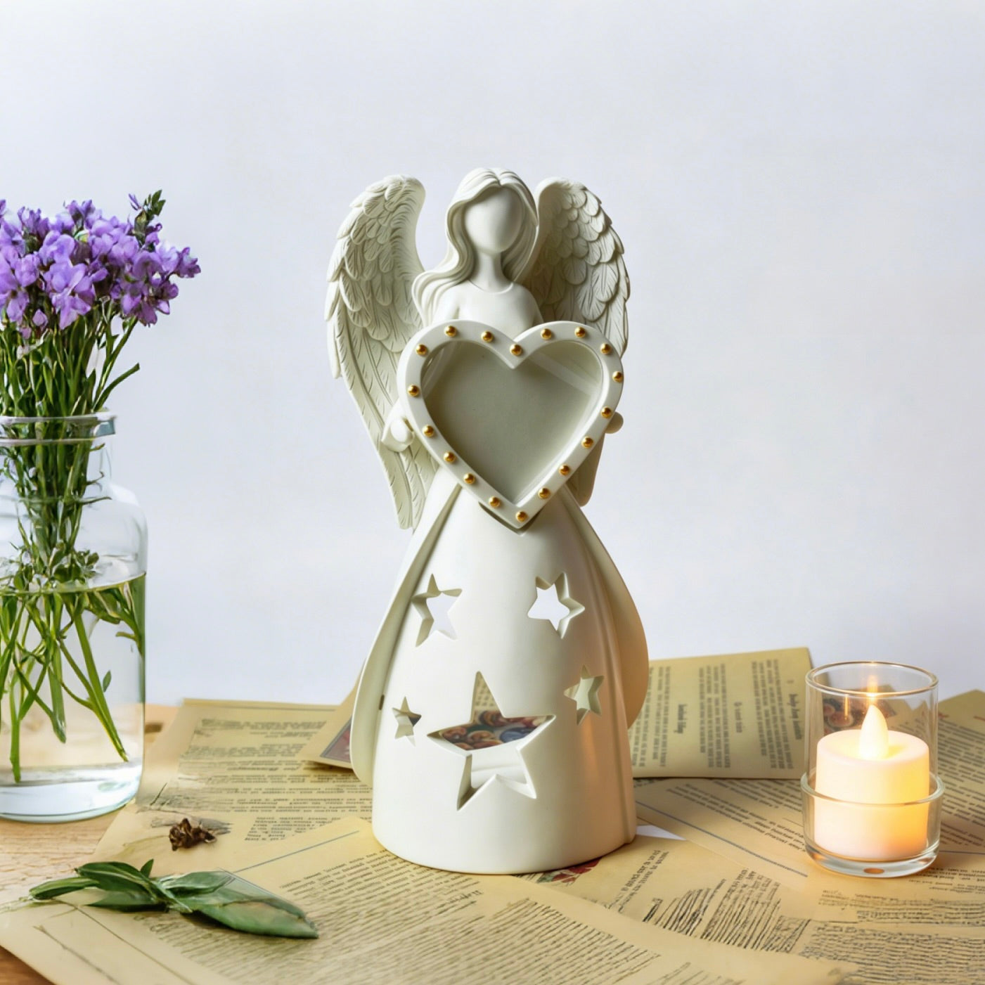 White angel figurine with a heart, placed on a table with a candle and flowers.