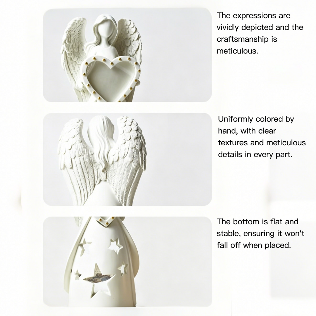 White angel figurine with detailed wings and heart design on a white background