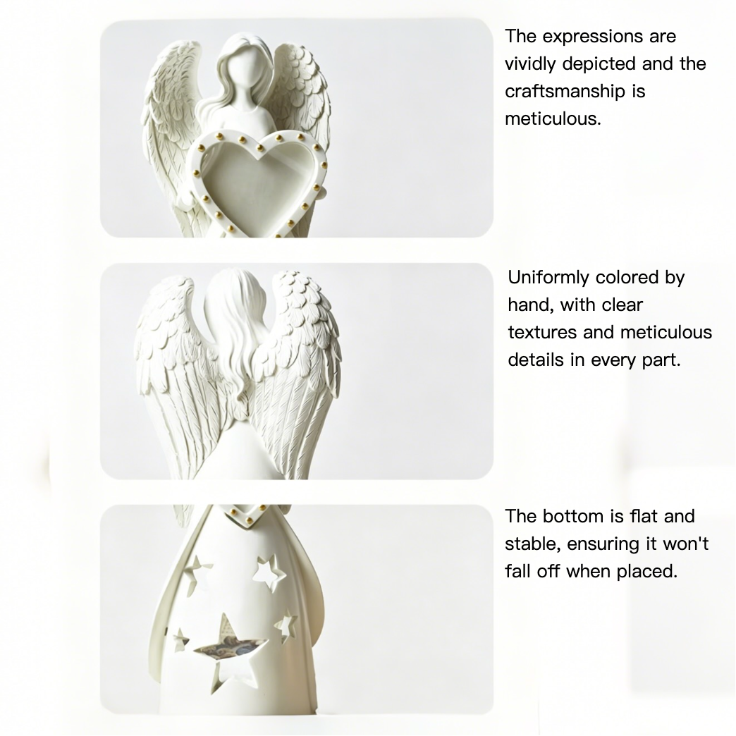 White angel figurine with detailed wings and heart design on a white background