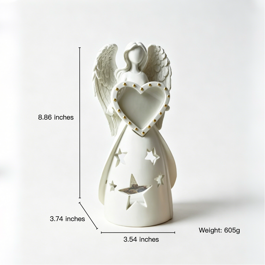 White angel figurine holding a heart with measurements and weight displayed on a white background