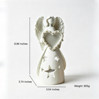 White angel figurine holding a heart with measurements and weight displayed on a white background