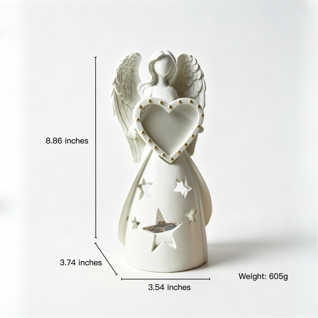 White angel figurine holding a heart with measurements and weight displayed on a white background