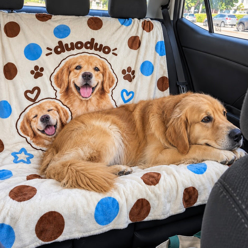 Golden Retriever resting beside a custom pet photo flannel blanket featuring personalized dog portraits