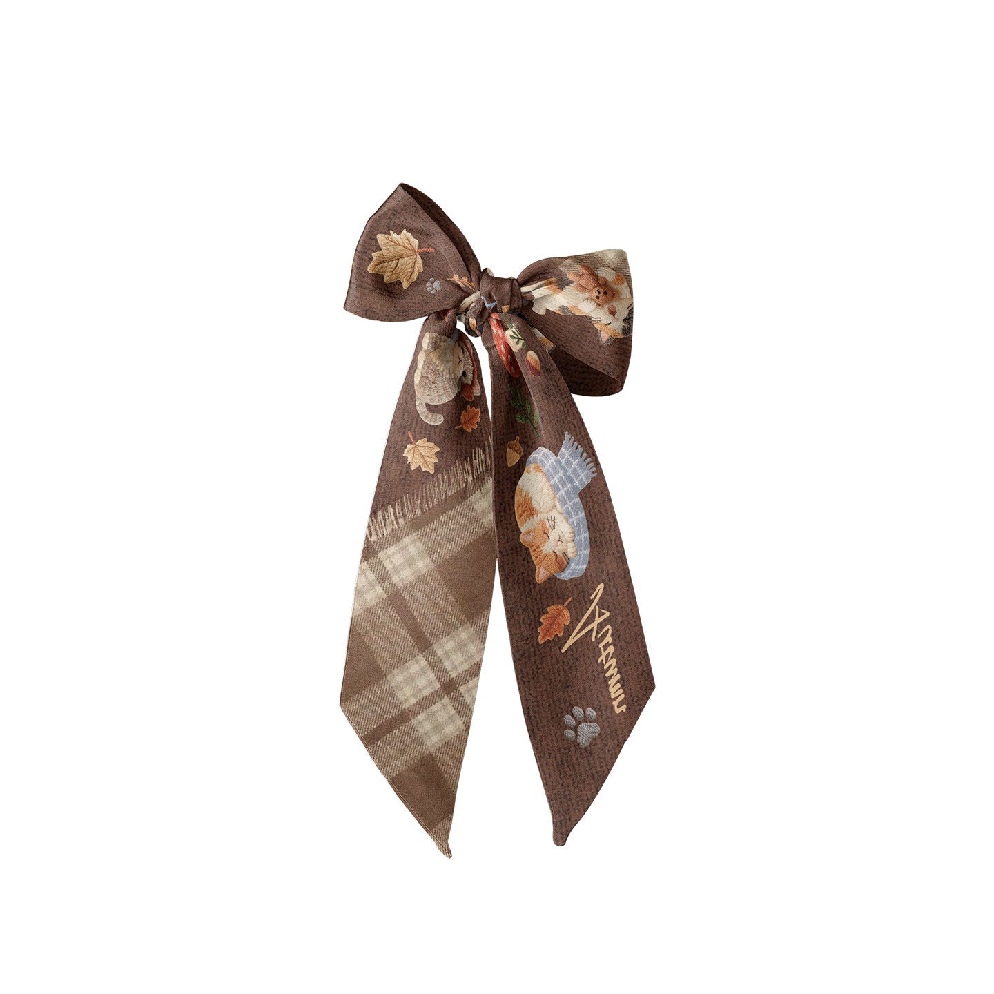 Brown bow with autumn-themed design on a white background