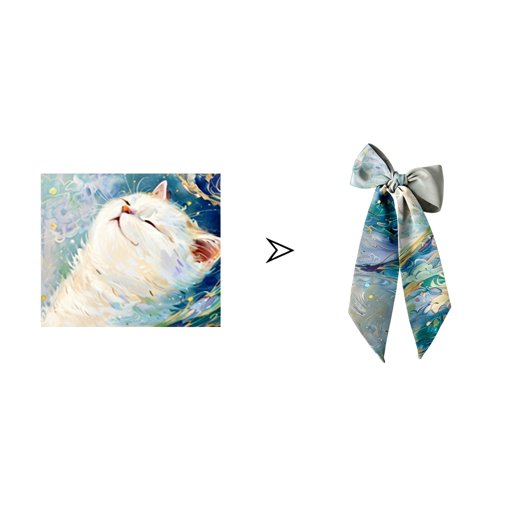 Marble-patterned scarf with a bow next to an illustration of a white cat.