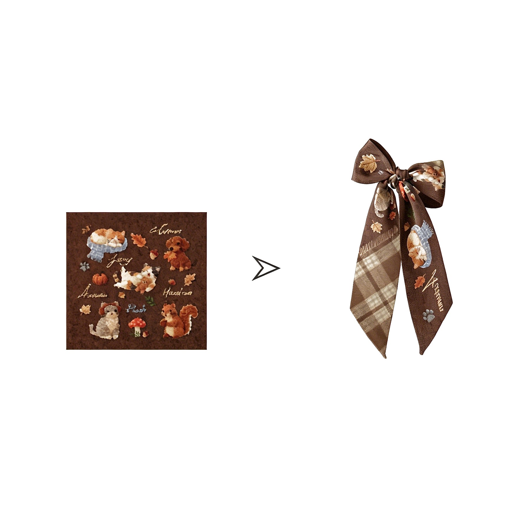 Decorative ribbon with autumn-themed design featuring animals and leaves on a white background.