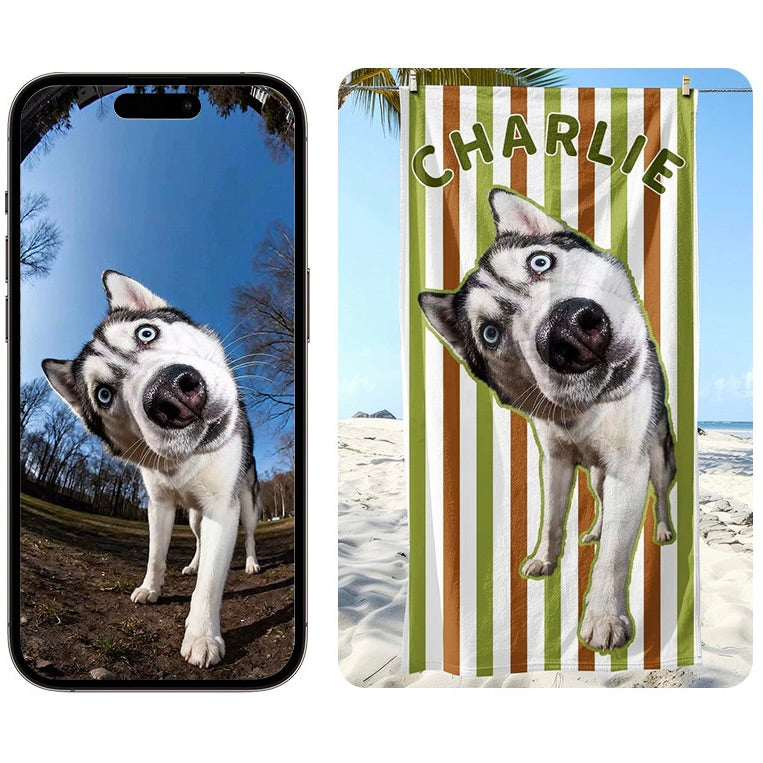 A custom Siberian Husky pet portrait beach towel with brown vertical stripes and the personalized name Charlie.