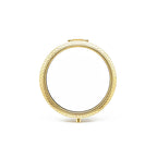 Gold circular mirror with textured frame on a white background