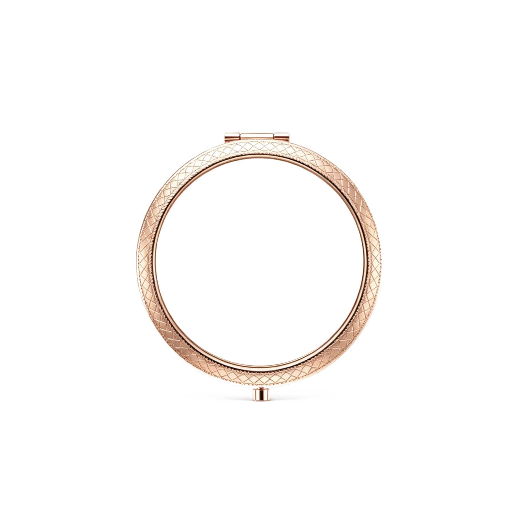 Rose gold makeup mirror with decorative frame on a white background