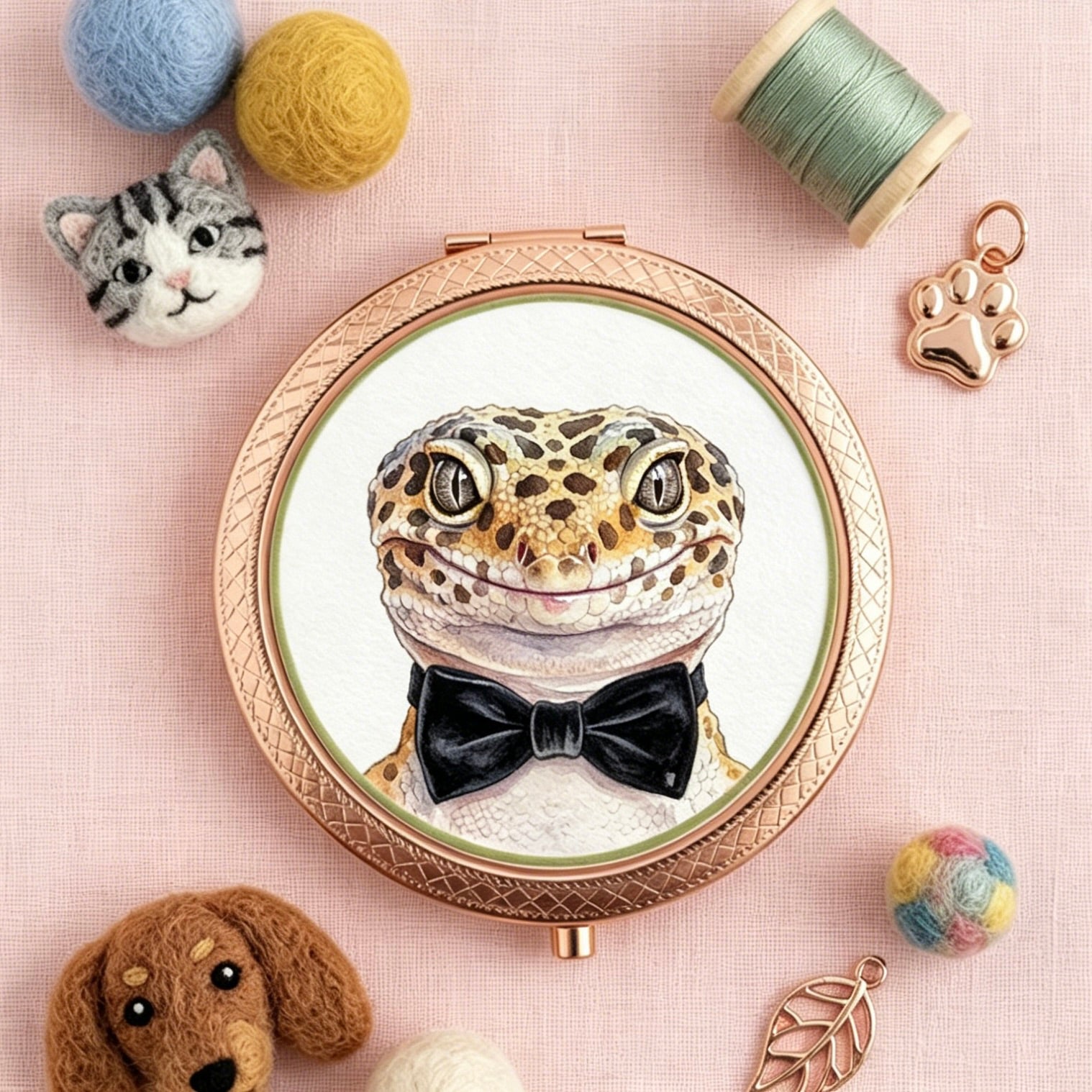 Compact mirror with a lizard wearing a bow tie on a pink background with yarn and craft items.