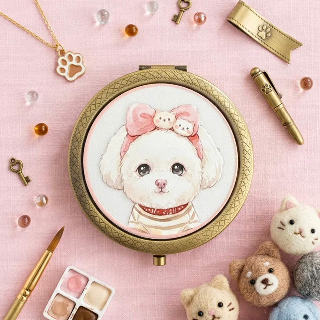 Compact mirror with a cute dog illustration surrounded by small toys and accessories on a pink background