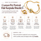 Infographic showing how to customize the pet portrait hair keepsake bracelet, featuring steps from choosing your style to approving the final design preview