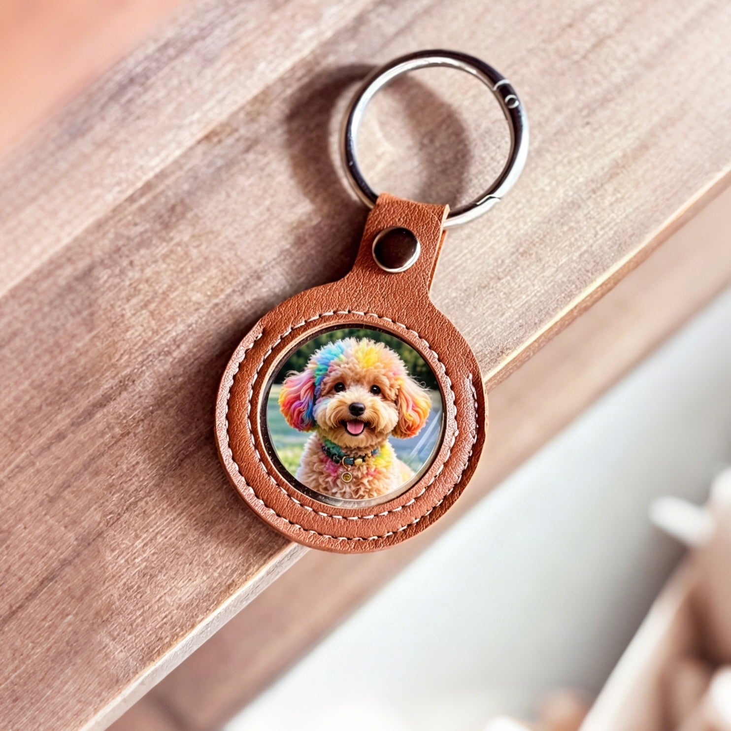Brown leather keychain with a circular photo insert featuring a dog on a wooden surface.