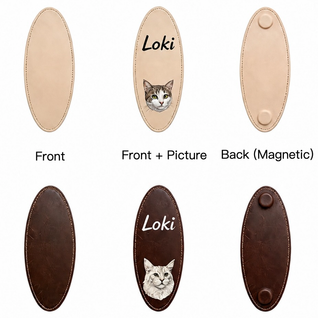 Leather name tag with a cat's face and name 'Loki' on a beige and brown background.