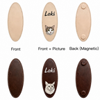 Leather name tag with a cat's face and name 'Loki' on a beige and brown background.