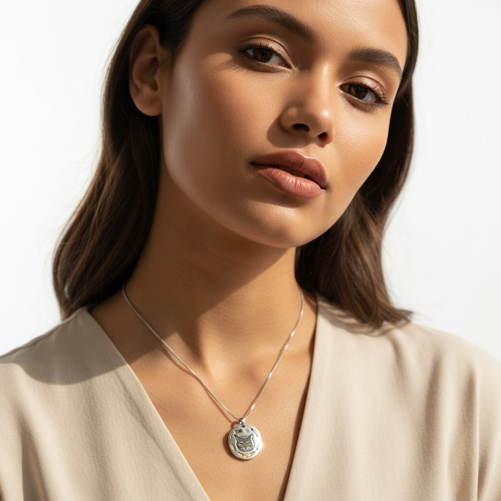 Woman wearing a necklace with a pendant against a neutral background