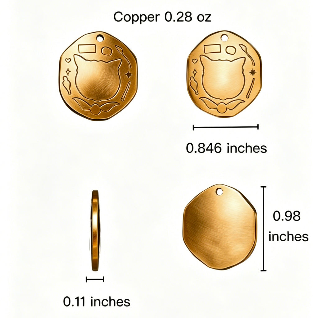 Gold pendant with measurements on a white background