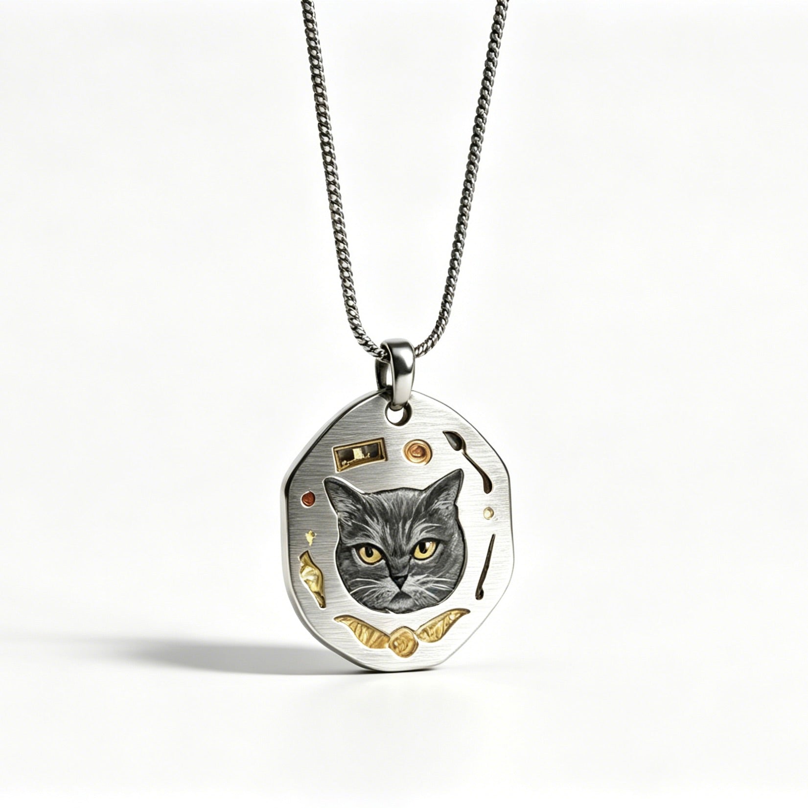 Necklace with a pendant featuring a cat's face on a white background