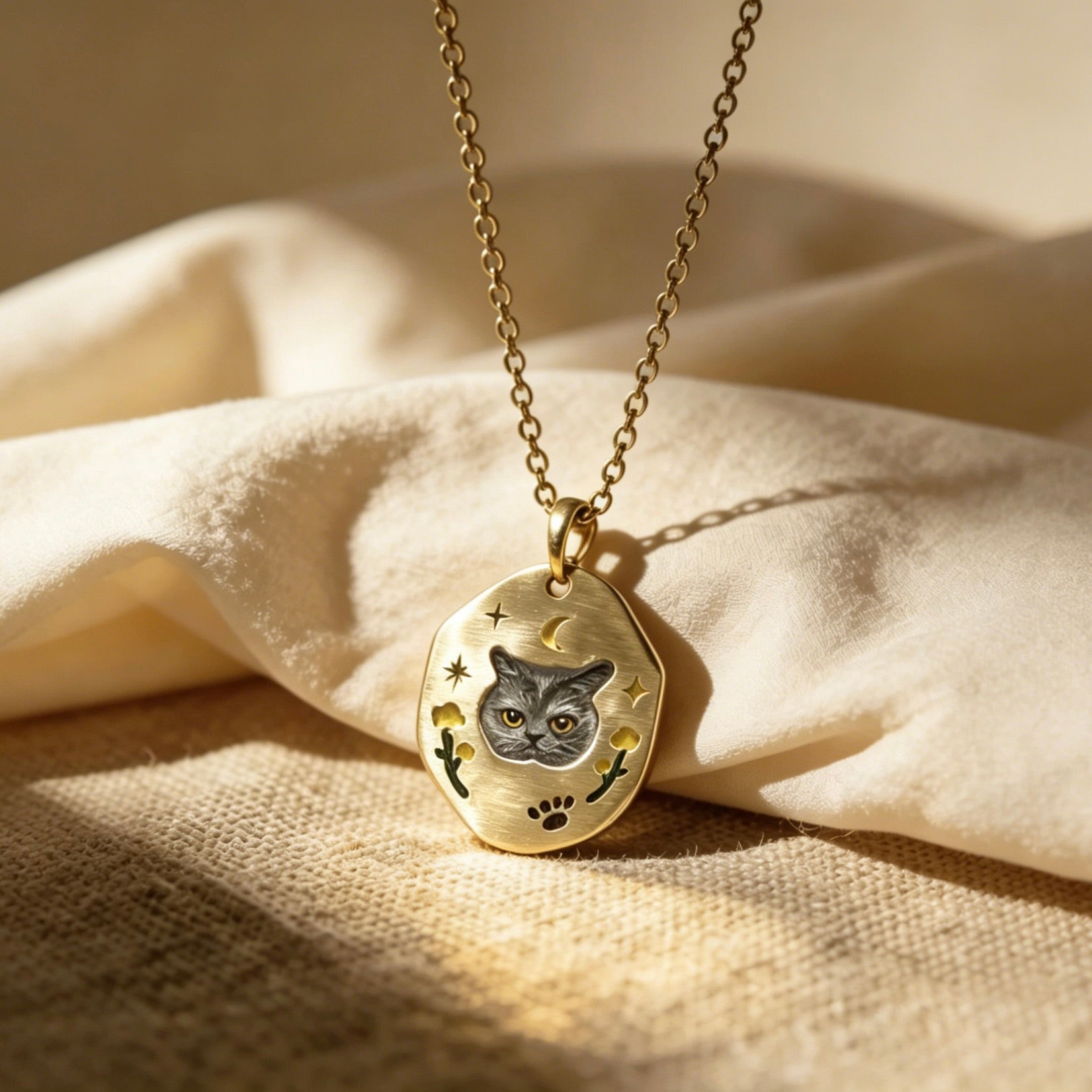 Gold necklace with a pendant featuring a cat design on a beige fabric background