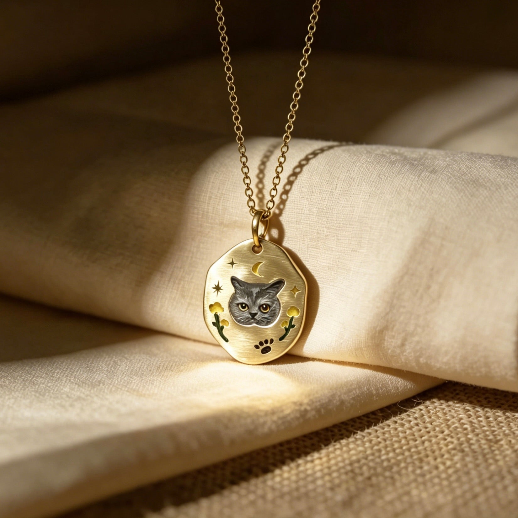 Gold necklace with a cat pendant on a beige fabric background