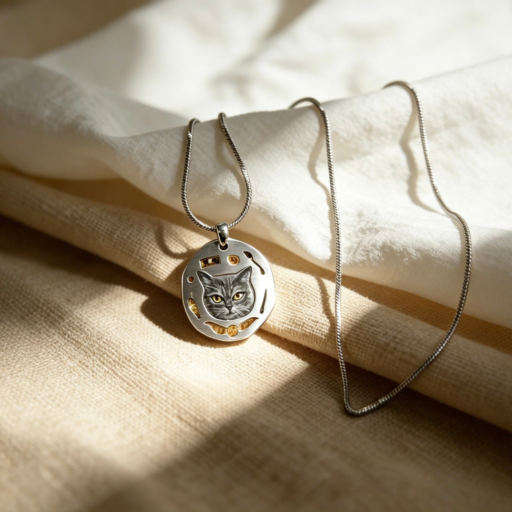 Silver necklace with a cat pendant on a beige fabric background
