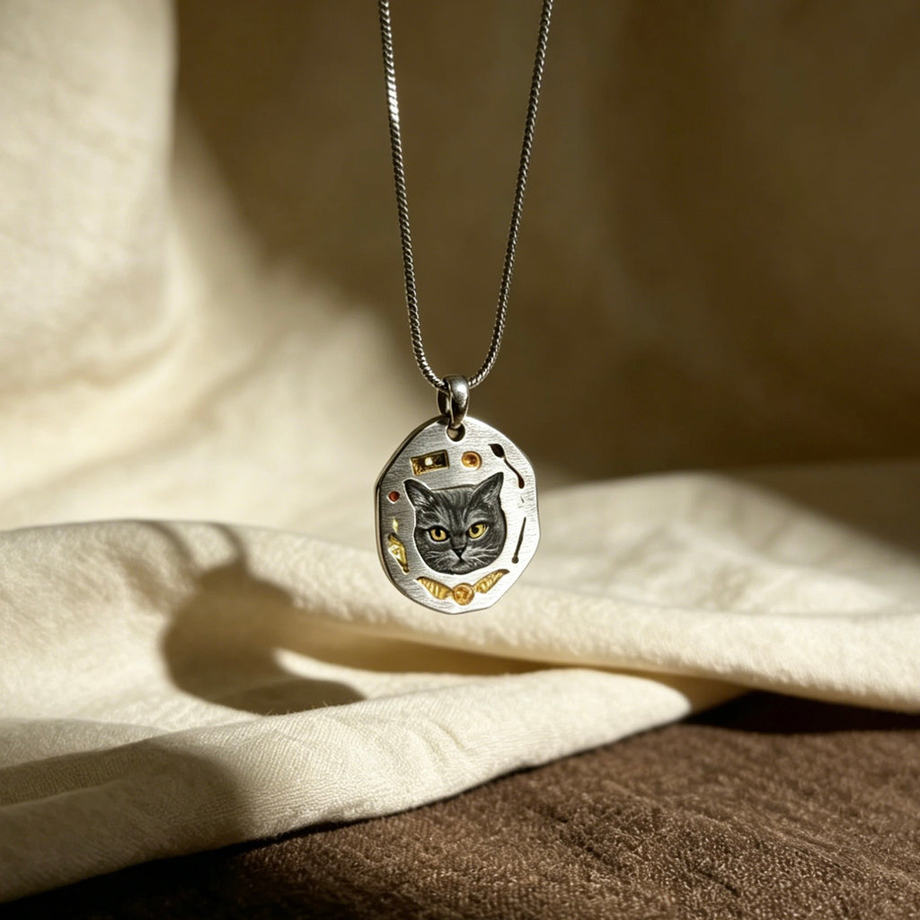 Silver necklace with a pendant featuring a cat's face on a beige fabric background