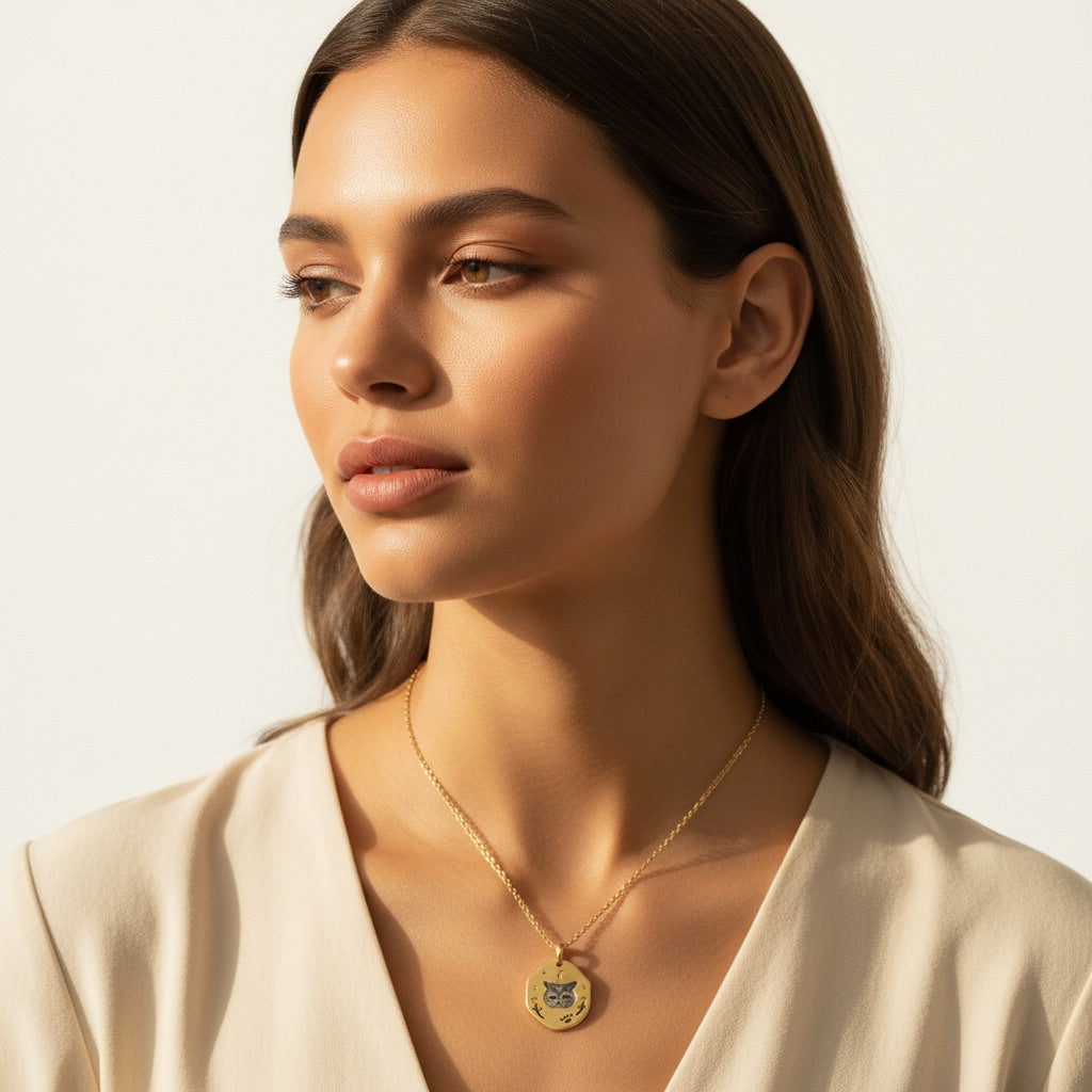 Woman wearing a gold necklace with a pendant against a neutral background