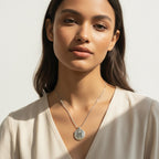 Woman wearing a necklace with a plain background