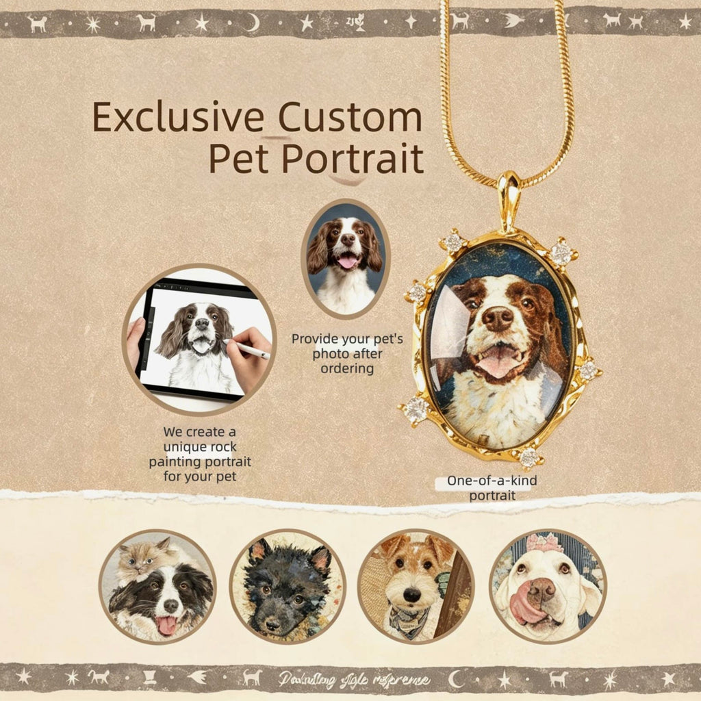 Advertisement for exclusive custom pet portrait necklace with pet photos and text on a beige background