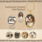 Advertisement for exclusive custom pet portrait necklace with pet photos and text on a beige background