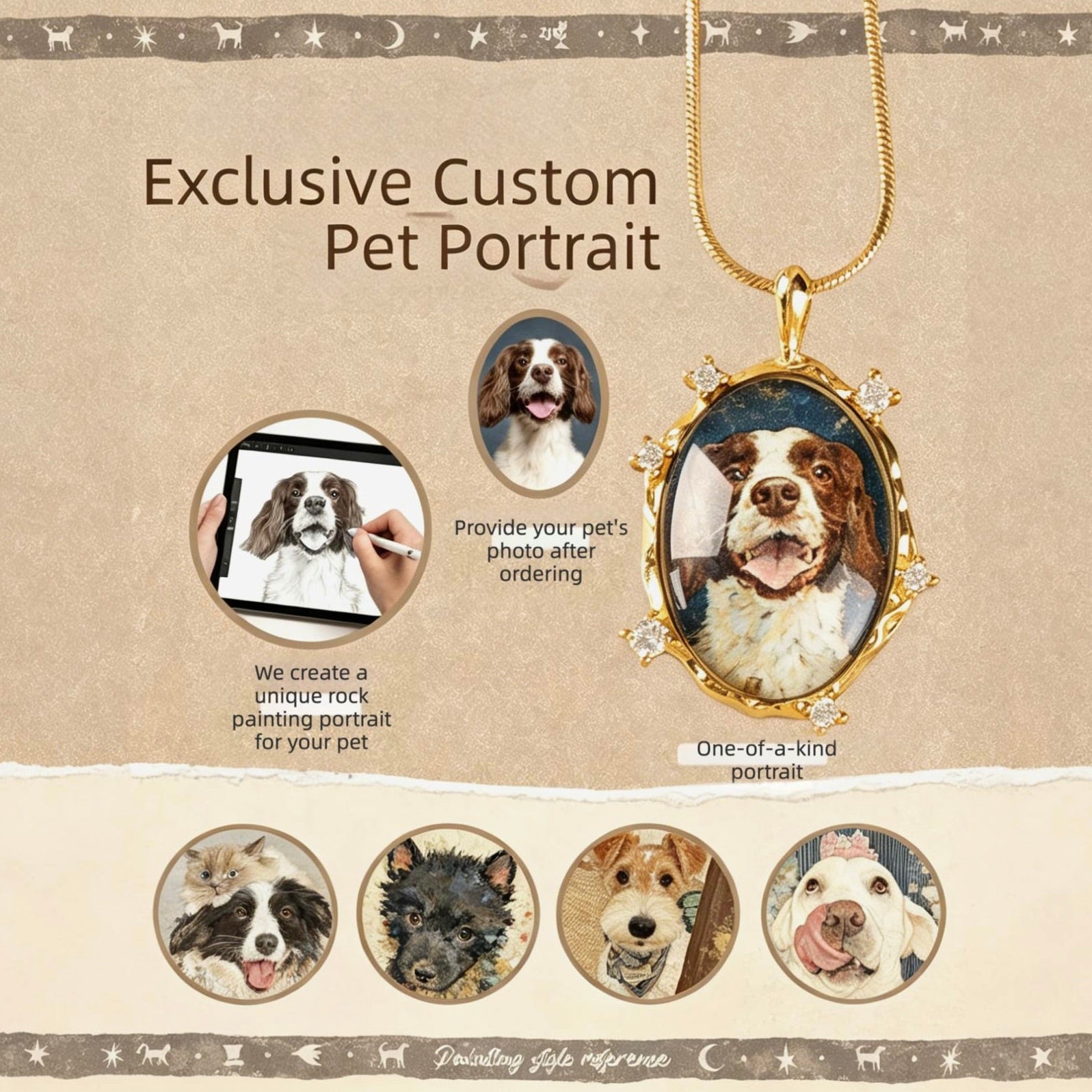 Advertisement for exclusive custom pet portrait necklace with pet photos and text on a beige background
