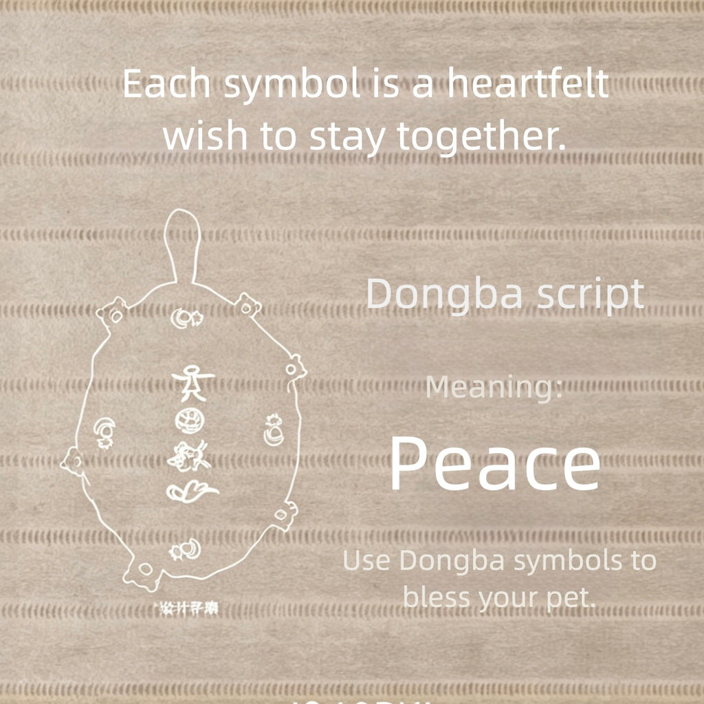 Dongba script symbol for peace on a textured beige background with text.