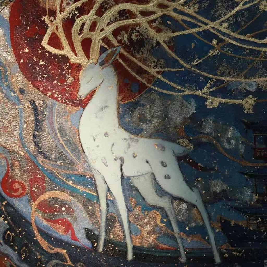 Decorative artwork of a deer with intricate details on a dark background