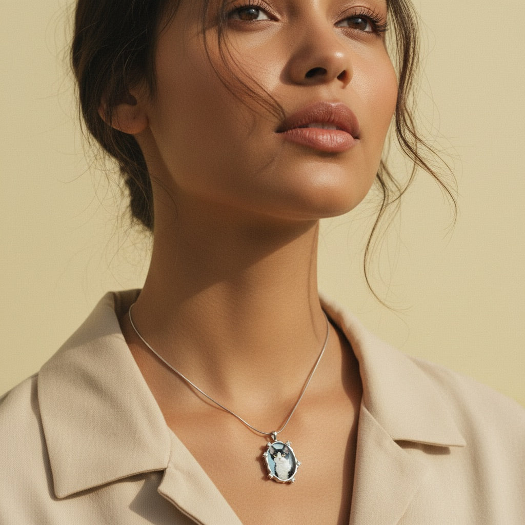 Woman wearing a necklace with a pendant against a beige background