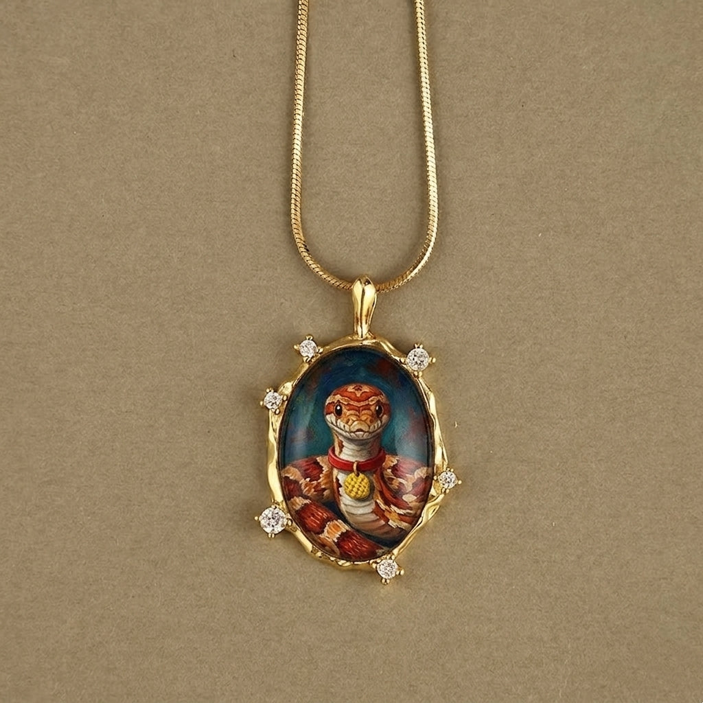 Gold necklace with a pendant featuring a painted design of a snake and a person, on a beige background.