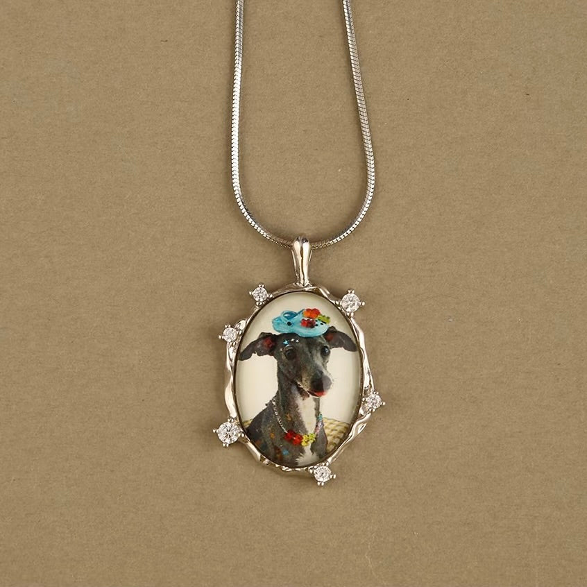 Necklace with a pendant featuring a dog's portrait on a beige background