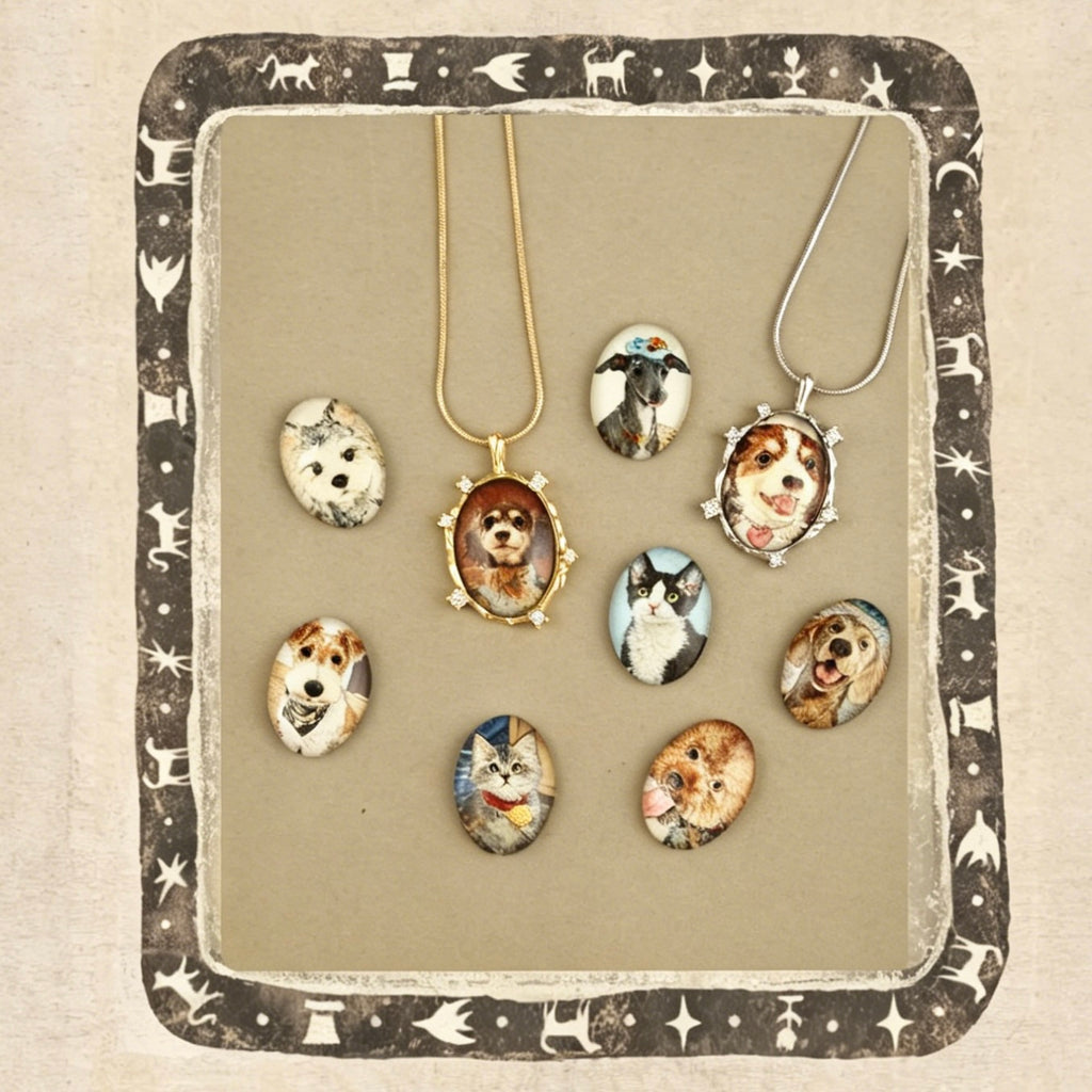Jewelry set with pet portraits on a decorative card
