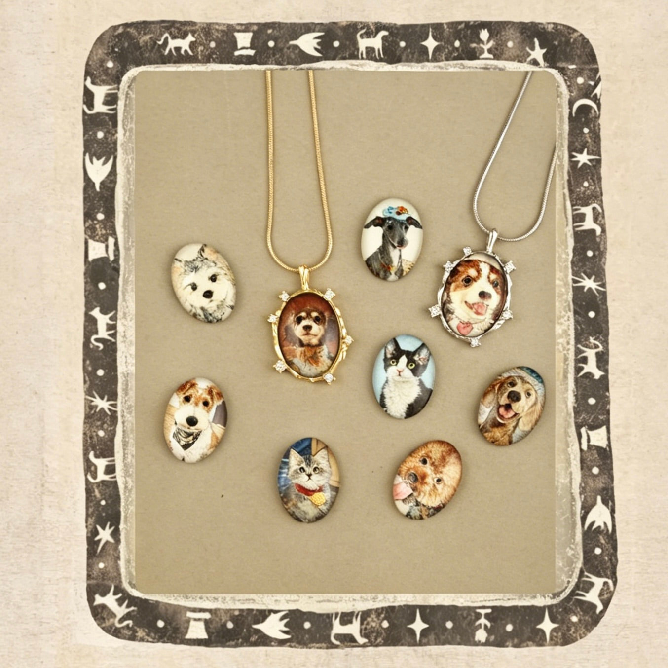 Jewelry set with pet portraits on a decorative card