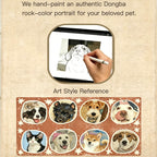 Hand-painted pet portrait service advertisement with art style reference of various dog breeds.