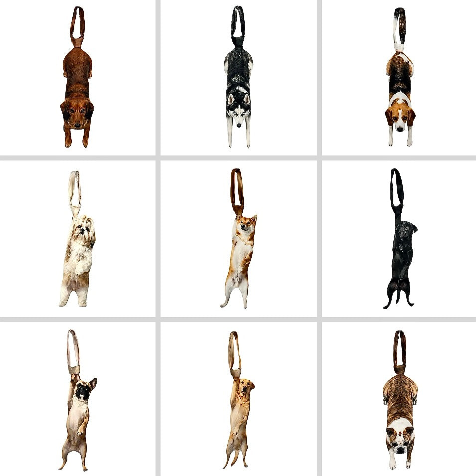 Collection of dog-shaped keychains arranged in a grid on a white background