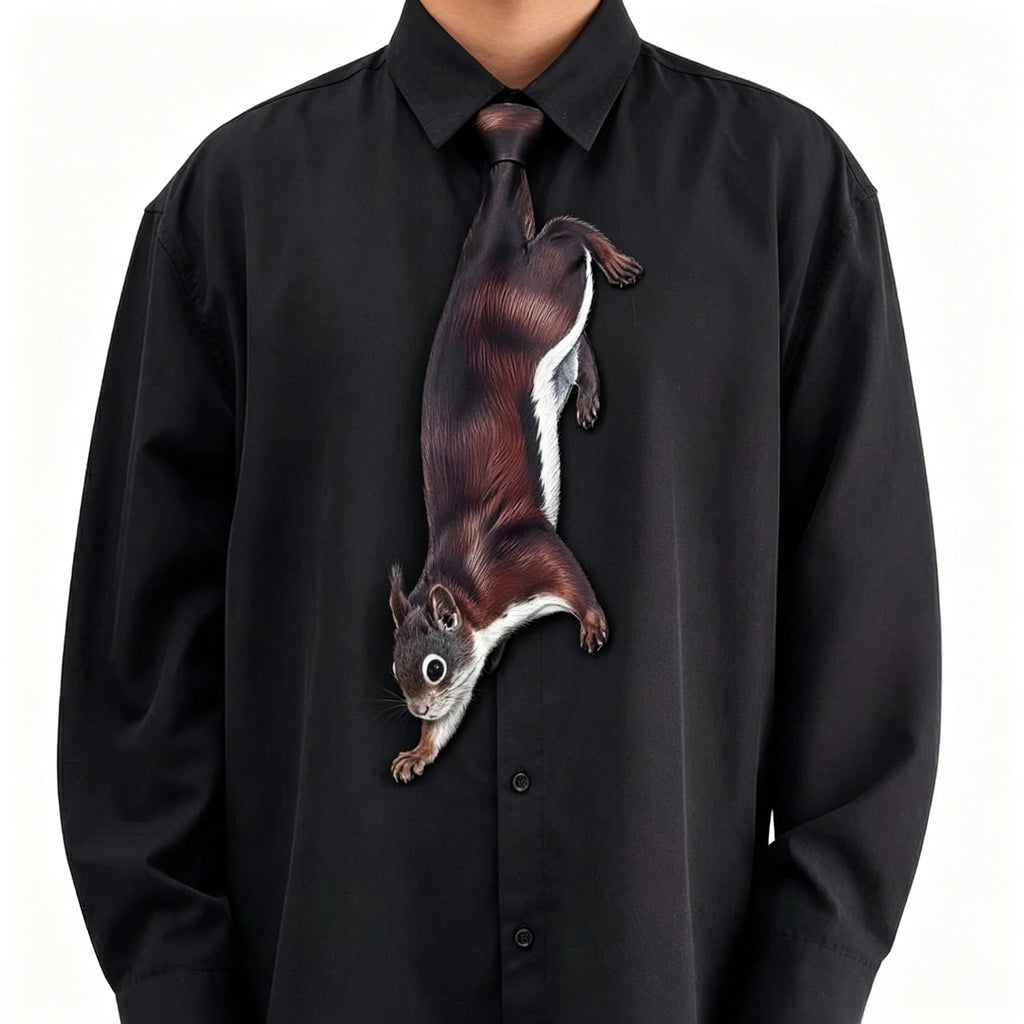 Black shirt with a squirrel design on the tie area against a white background