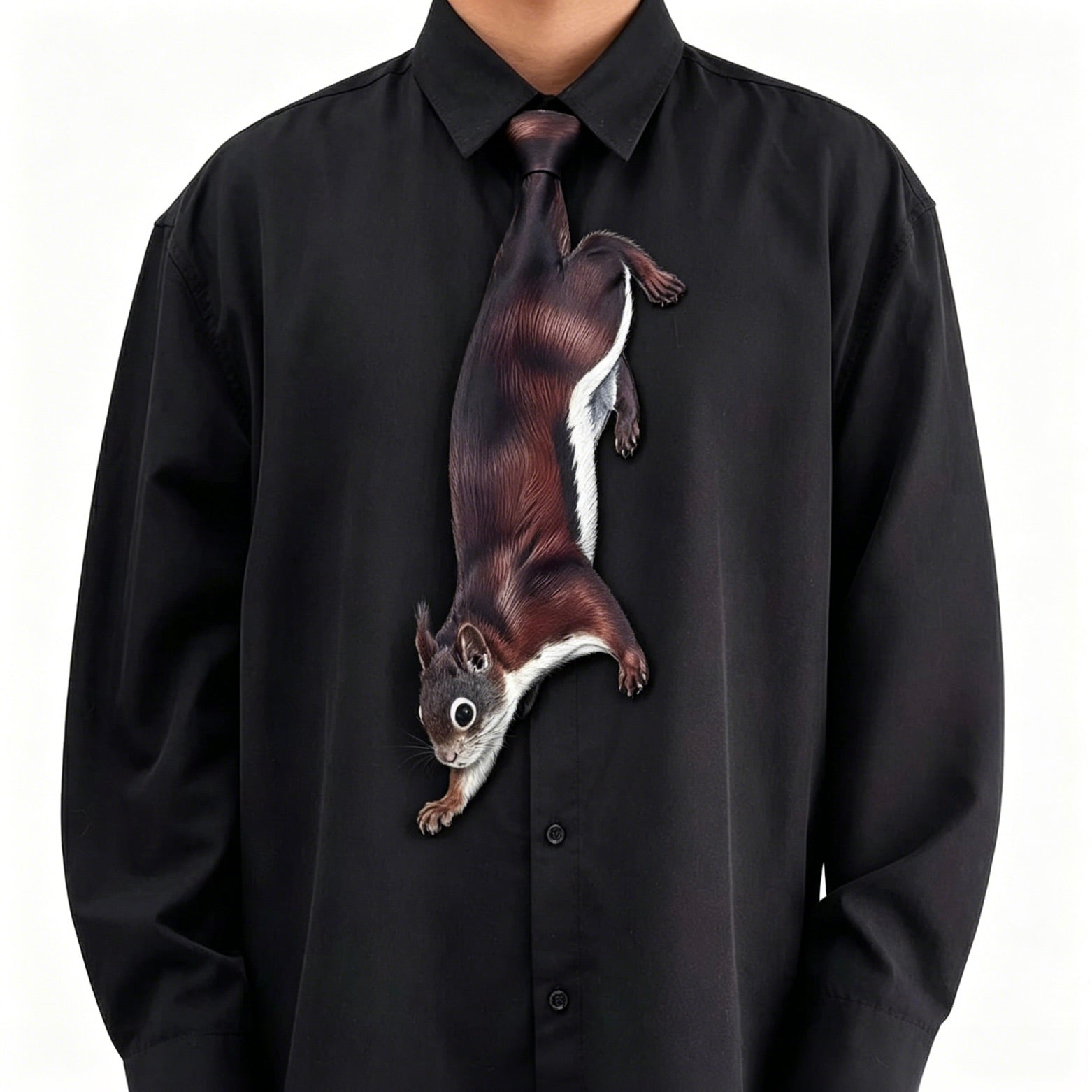 Black shirt with a squirrel design on the tie area against a white background