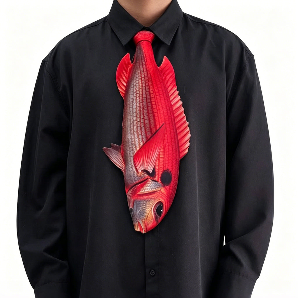Person wearing a black shirt with a red fish-shaped tie on a white background