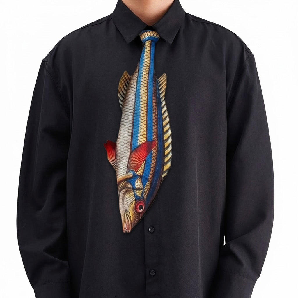 Black shirt with a colorful fish-shaped tie on a white background