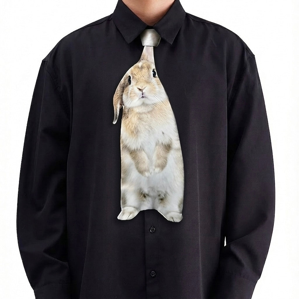 Black shirt with a rabbit-shaped tie on a white background